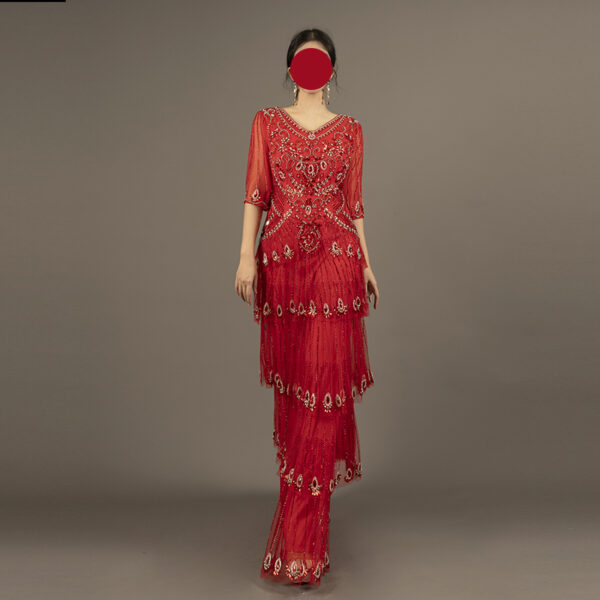 Vintage-Inspired Red Beaded Evening Gown with Tiered Fringe & Half Sleeves - Rhinestone Embellished Formal Dress for Roaring 20s Theme, Gala & Prom Events