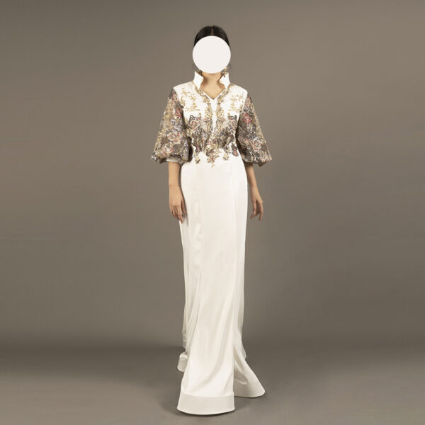 White Evening Gown with Embroidered Puff Sleeves – Elegant Couture Dress