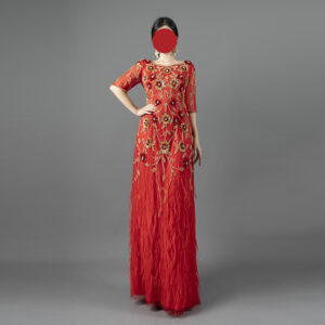 Luxury Red Feather Evening Dress with Gold Floral Embroidery & Rhinestones - Half Sleeve Formal Gown for Gala, Wedding & Red Carpet Events