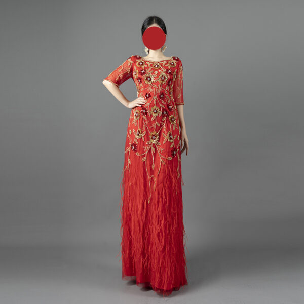 Luxury Red Feather Evening Dress with Gold Floral Embroidery & Rhinestones - Half Sleeve Formal Gown for Gala, Wedding & Red Carpet Events