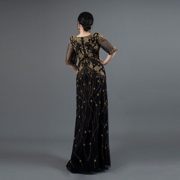 Elegant Black and Gold Embroidered Evening Gown – Mother of the Bride Dress with Sheer Sleeves