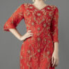 Luxury Red Evening Gown with Gold Floral Embroidery - Half Sleeve V-Neck Formal Dress