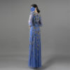 Royal Blue Hand-Beaded Evening Gown with Floral Embroidery and Sheer Sleeves