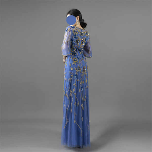 Royal Blue Hand-Beaded Evening Gown with Floral Embroidery and Sheer Sleeves