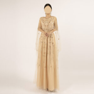 Champagne Beaded Evening Gown with Sheer Cape Sleeves