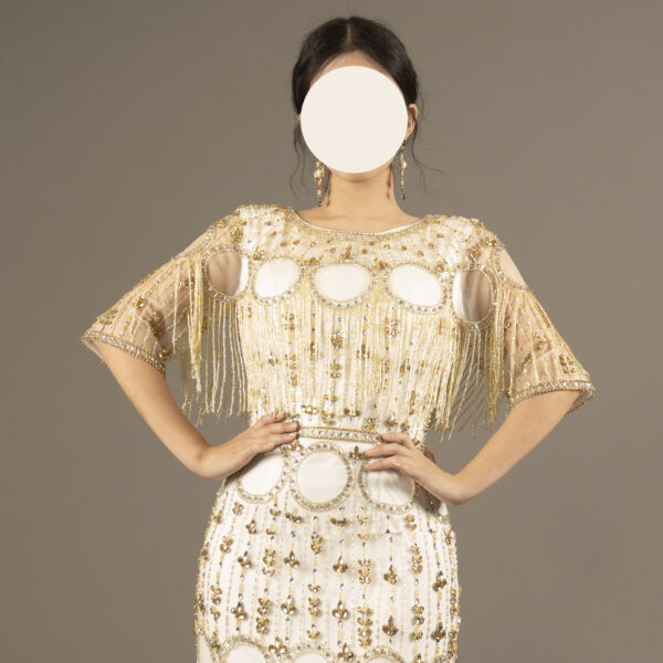 Luxury Gold Hand Beaded Evening Dress – Long Gown with Tassel Sleeves for Gala or Event