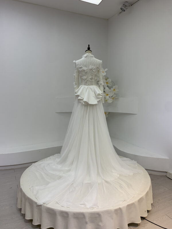 Exquisite High Neck 3D Floral Embellished White Gown with Long Train