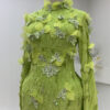 Luxury Green Evening Dress High Neck Long Sleeve with 3D Flowers & Train