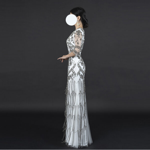 White Formal Gown with Silver Hand Embroidery and Beaded Fringe Tassels