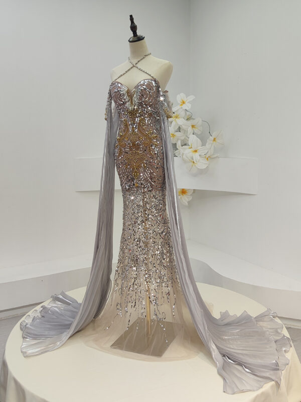 Sparkling Crystal Mermaid Runway Dress with Cape