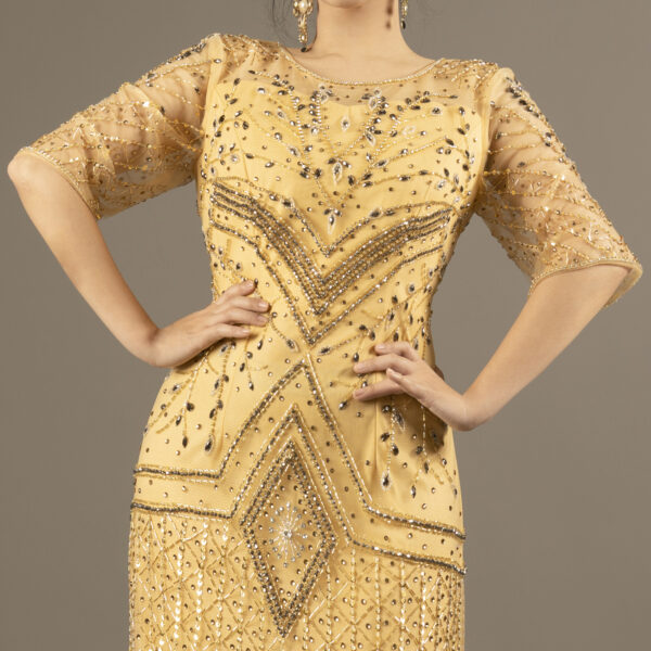 Gold Beaded Evening Gown for Mother of the Bride – Elegant Half Sleeve Formal Dress with Geometric Hand Embroidery