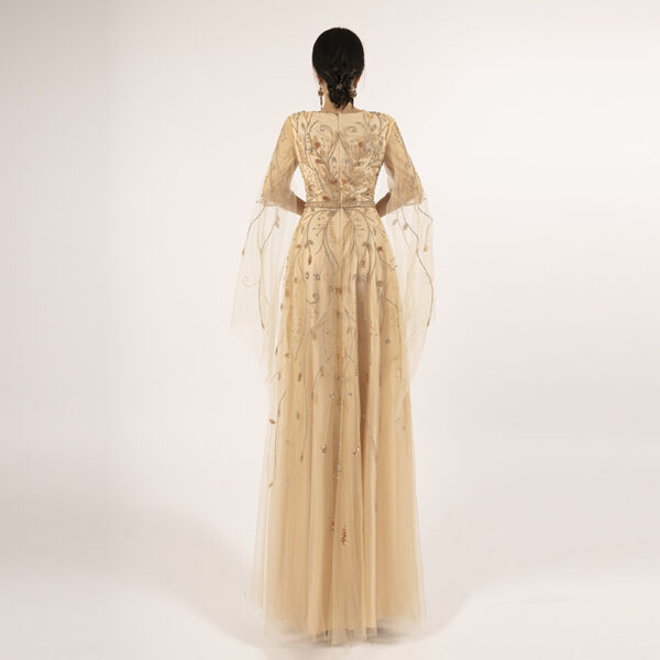 Champagne Beaded Evening Gown with Sheer Cape Sleeves