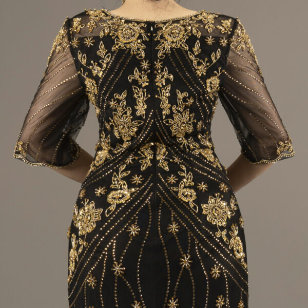 Elegant Black and Gold Embroidered Evening Gown – Mother of the Bride Dress with Sheer Sleeves