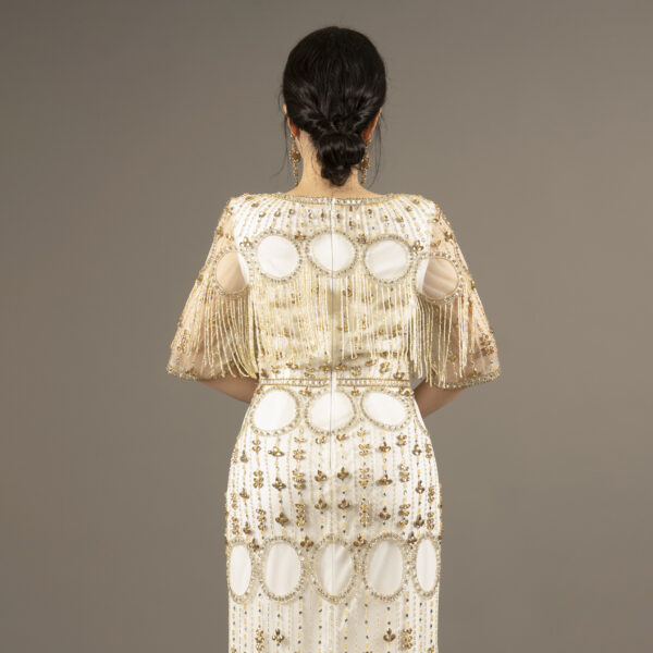 Luxury Gold Hand Beaded Evening Dress – Long Gown with Tassel Sleeves for Gala or Event