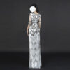 White Formal Gown with Silver Hand Embroidery and Beaded Fringe Tassels