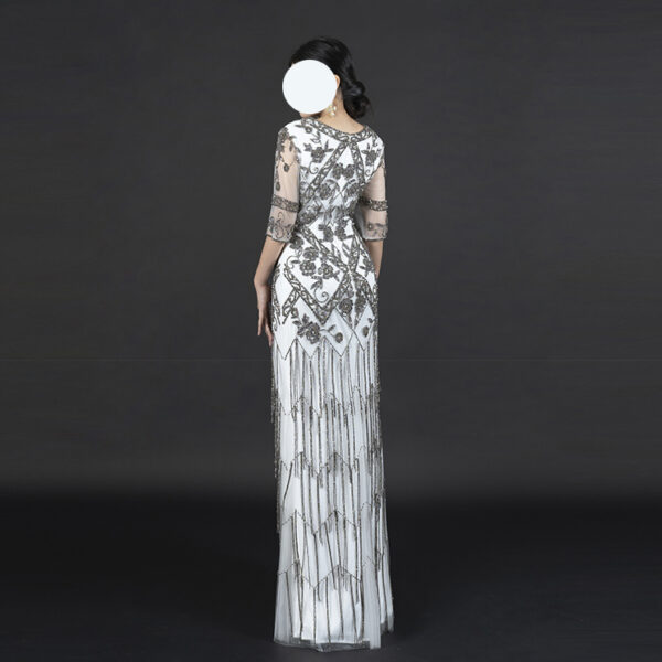 White Formal Gown with Silver Hand Embroidery and Beaded Fringe Tassels