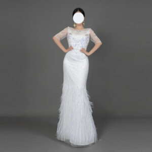 Glamorous White Feather-Trimmed Evening Gown with Beaded Sheer Sleeves - Mermaid Formal Dress