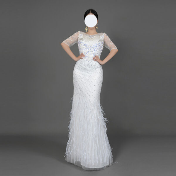 Glamorous White Feather-Trimmed Evening Gown with Beaded Sheer Sleeves - Mermaid Formal Dress