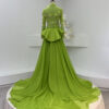 Luxury Green Evening Dress High Neck Long Sleeve with 3D Flowers & Train