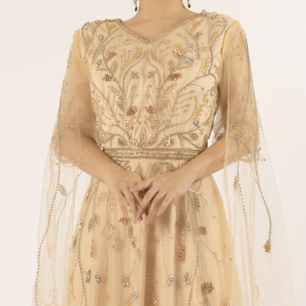 Champagne Beaded Evening Gown with Sheer Cape Sleeves
