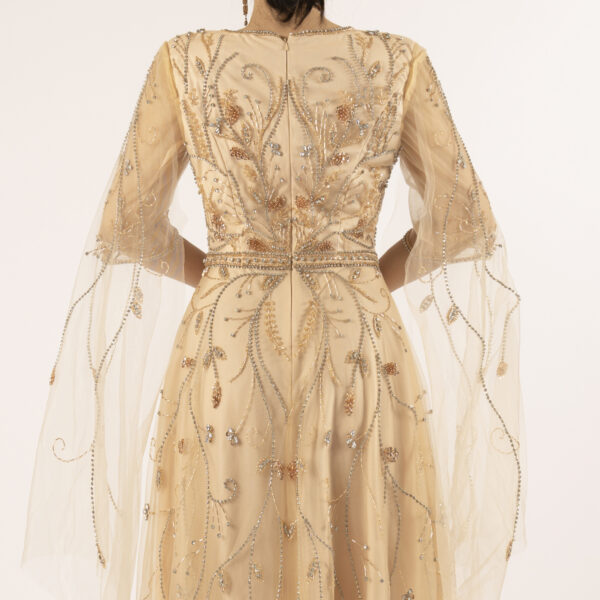 Champagne Beaded Evening Gown with Sheer Cape Sleeves