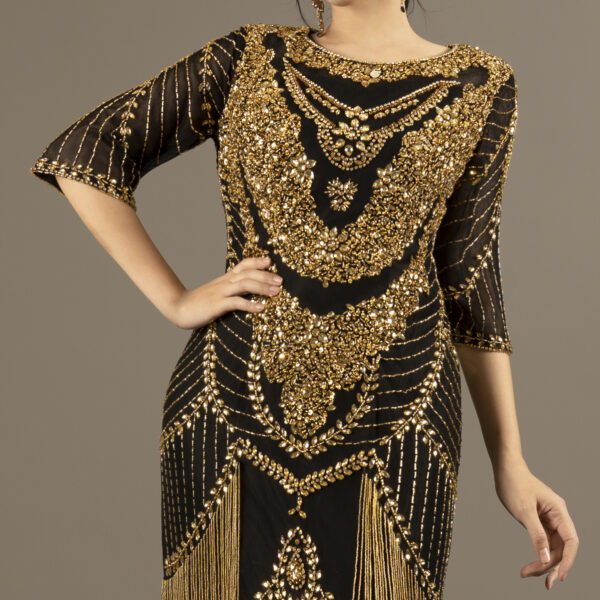 Great Gatsby Inspired Black & Gold Beaded Fringe Evening Gown - Art Deco Flapper Dress for Formal Events
