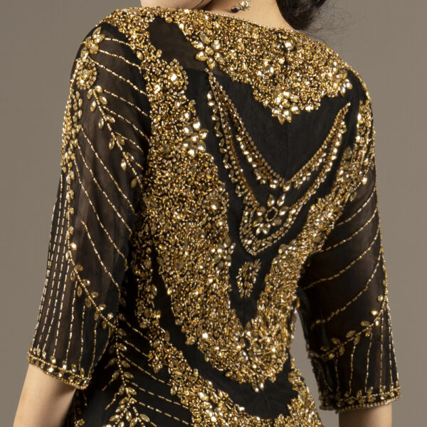 Great Gatsby Inspired Black & Gold Beaded Fringe Evening Gown - Art Deco Flapper Dress for Formal Events