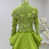 Luxury Green Evening Dress High Neck Long Sleeve with 3D Flowers & Train