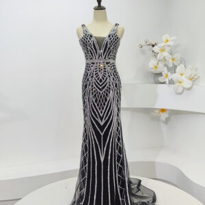 Black silver beaded art deco mermaid evening gown, luxury formal dress with geometric sequin details