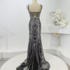 Black silver beaded prom dress with V-neck, elegant mermaid formal gown with geometric sequin details