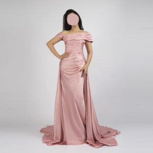 blush pink off shoulder satin evening gown with ruched bodice and long train