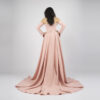 Blush pink off-shoulder mermaid dress with ruched waist, long sleeves, and satin train