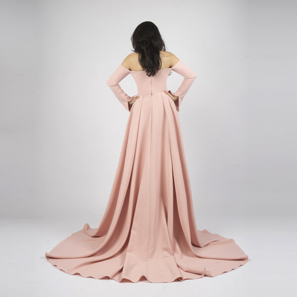 Blush pink off-shoulder mermaid dress with ruched waist, long sleeves, and satin train