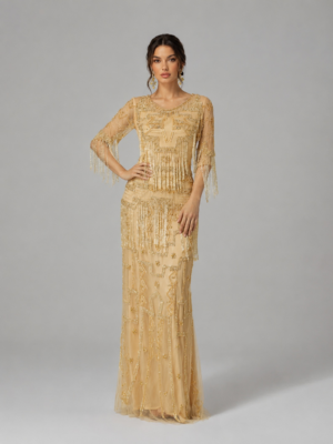 Geometric Fringe Crystal Floor Gala Gown