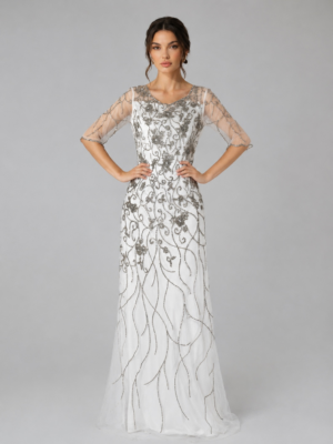 Scroll Crystal Beaded Long Formal Gown