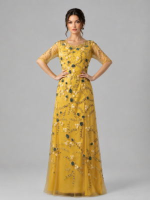 Floral Vine Beaded Mesh Floor Formal Gown