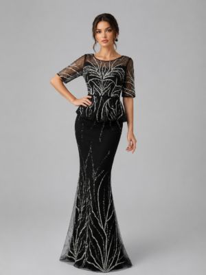 Peplum Beaded Mermaid Formal Gown