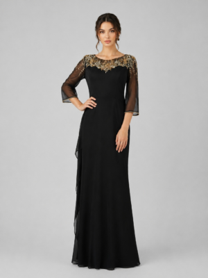 Beaded Boat Neck Column Evening Dress