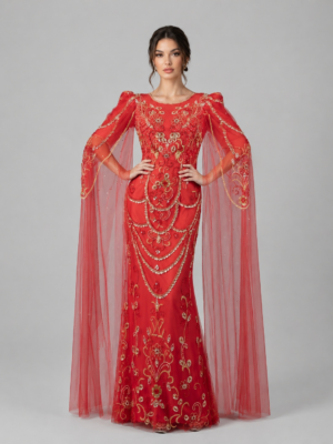 Luxury Beaded Cape‑Sleeve Formal Floor‑Length Gown