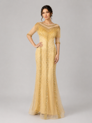 Luxury Fringe Sequined Embroidery Mermaid Formal Evening Dress With Elbow Sleeves
