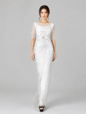 Luxury Golden Sparkle Sequin Mermaid Evening Gown, Half Sleeve Sheer Neck Formal Party Dress for Women