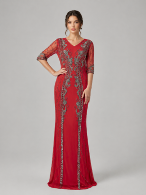 Hand-Beaded Vertical Floral Mesh Formal Maxi Dress