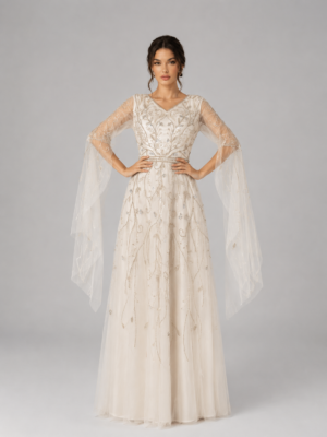 Whimsical Beaded Tulle Gown with Cape Sleeves & Vine Embroidery