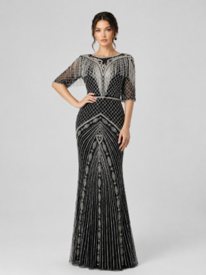 Fringe Rhinestone Mesh Sleeve Mermaid Formal Dress