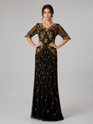 Beaded Floral V-Neck Floor Length Occasion Dress