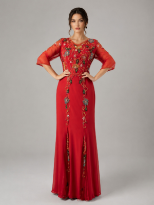 Vintage Floral Rhinestone Mesh Long Evening Dress