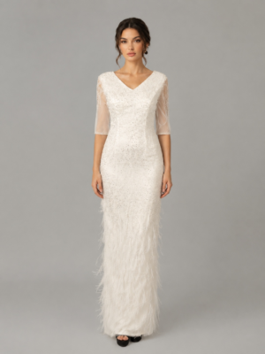 Feather Beaded Floor Length Evening Dress