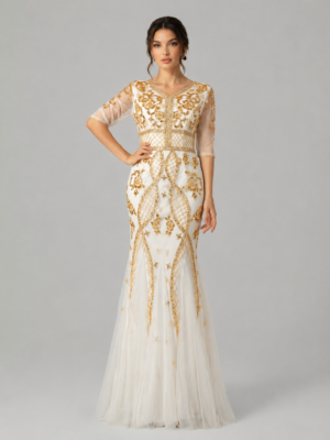 Beaded Mesh Sleeve Mermaid Floor Length Occasion Dress