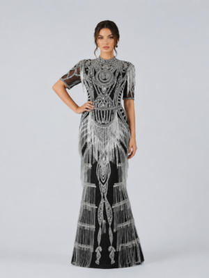 Vintage Art Deco Embellished Fringe Gown