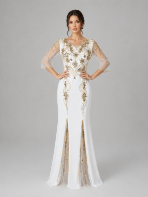 V-Neck Gold Beaded Split Mermaid Formal Dress